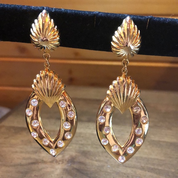 Gold Tone & Rhinestones Knocker Statement Earrings Vintage - Picture 2 of 7